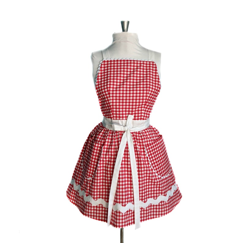 Red and White Gingham Retro Apron, Aprons For Women, Gift Idea For Her, Red and White Checked Apron image 1