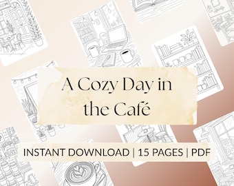 Páginas para colorear de cafeterías: escenas acogedoras de cafeterías para colorear. Libro imprimible para relajarse. Descarga digital de 15 páginas.