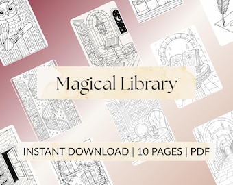 Magical Library Elements Coloring Pages | Fantasy Line Art for Adults