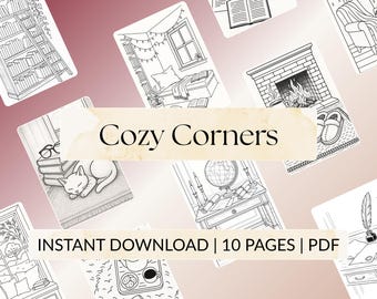 Cozy Corners Coloring Pages | Black & White Library Nooks for Relaxing Fun