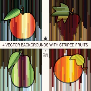 May include: Four vector backgrounds featuring stylized fruit illustrations: an apple, grapes, a pear, and an orange. Each fruit is composed of vertical stripes in various colors, set against a striped background. The text reads "4 VECTOR BACKGROUNDS WITH STRIPED FRUITS".