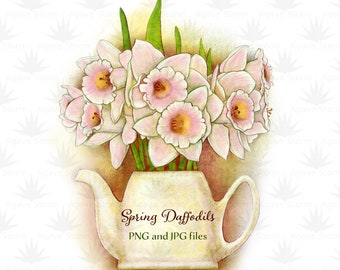 Digital Watercolor PNG Illustration with Spring Daffodils.