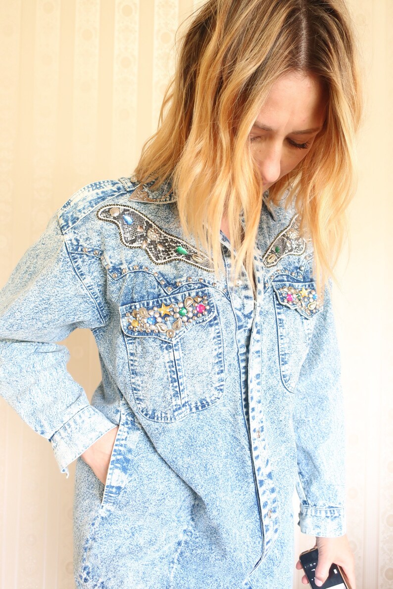 Vintage 80s Acid Wash Embellished Dress