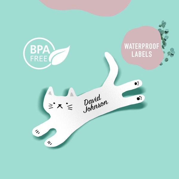 BPA FREE custom Name labels | Cat | Waterproof | Dishwasher safe | Personalized stickers | School | Stocking stuffer | Gift on a Budget