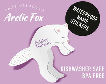 BPA FREE custom Name labels | Arctic Fox | Waterproof | Dishwasher safe | Personalized stickers School Stocking stuffer Gift on a Budget