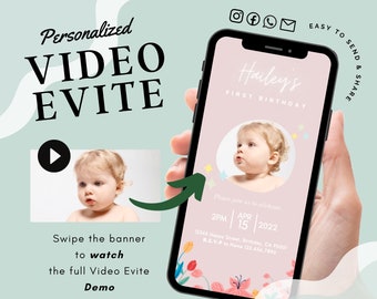 Video Evite Digital 1st Birthday Photo Video Custom Invitation, Flowers, Boy, Girl, Baby, Cut-out face,Email, Instant, MP4, Made to order