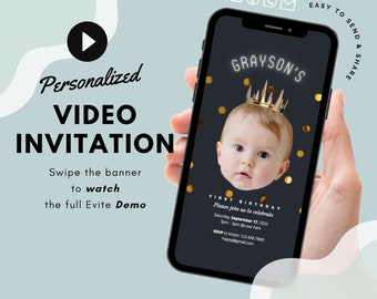 Modern Video Evite Digital 1st Birthday Photo Custom Invitation, Gold Crown, Boy, Girl, Baby, Cut-out face, Email, Instant,MP4,Made to order