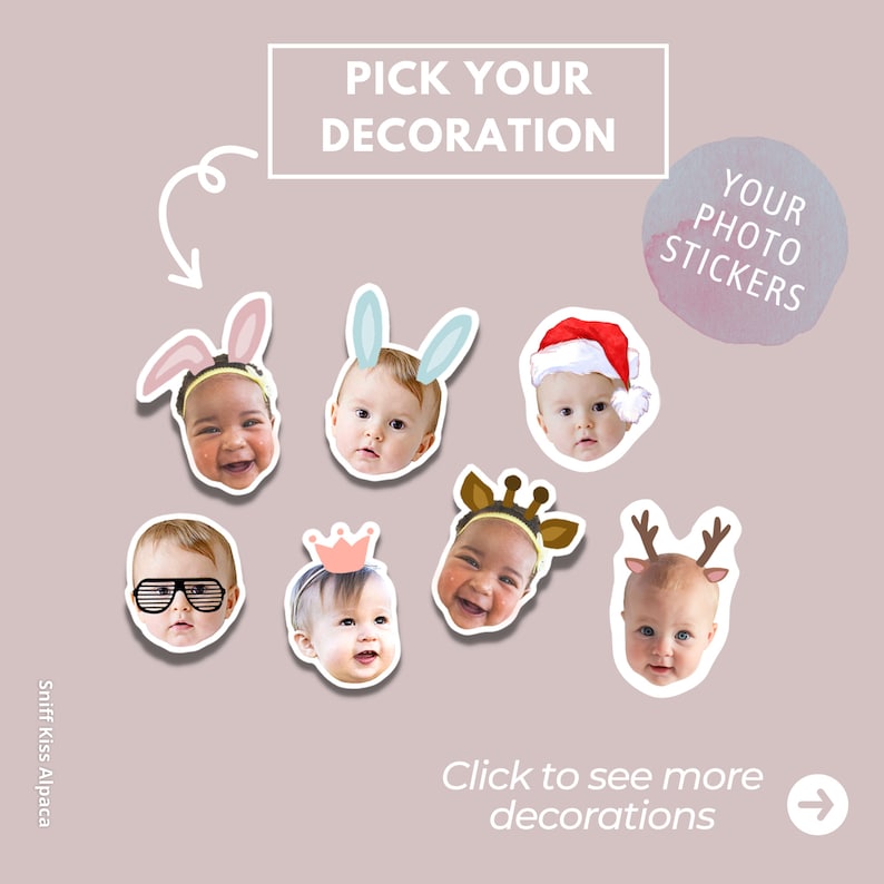 Customized photo face head stickers. Add your decoration to your photo.