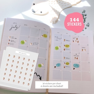 May include: A set of 144 stickers featuring a baby's face. The stickers are arranged in a grid on a white sheet of paper. The text "36 stickers per sheet" and "4 sheets are included!" is printed below the grid. The stickers are designed to be used on a calendar.