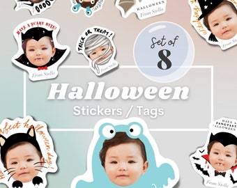 Halloween custom stickers, Personalized gift tags, Face photo, Waterproof, Cardstock, paper stickers, Goodie bags, party supplies, Favors