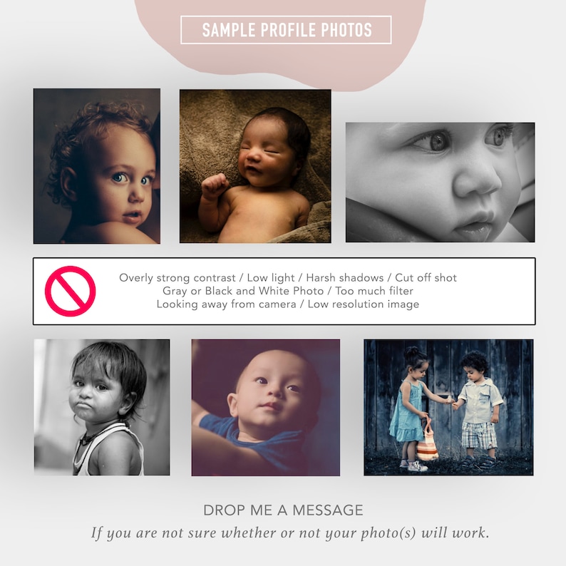 May include: A collection of sample profile photos showing examples of what not to use for a profile picture. The photos show examples of overly strong contrast, low light, harsh shadows, cut off shots, gray or black and white photos, too much filter, looking away from the camera, and low resolution images.