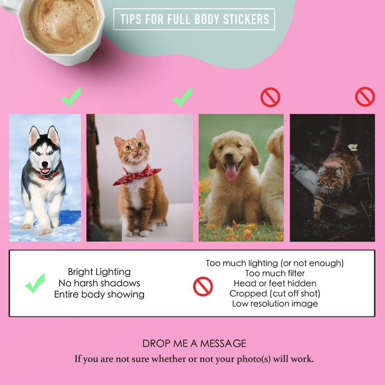 May include: Tips for taking photos for full body stickers. Three examples of good photos: a husky dog, a cat, and a golden retriever puppy. Three examples of bad photos: a dog with too much lighting, a dog with its head cut off, and a cat with too much filter.