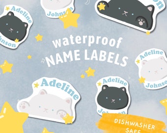 BPA FREE custom Name labels | CAT | Waterproof | Dishwasher safe | Personalized stickers | School | Stocking stuffer | Gift on a Budget