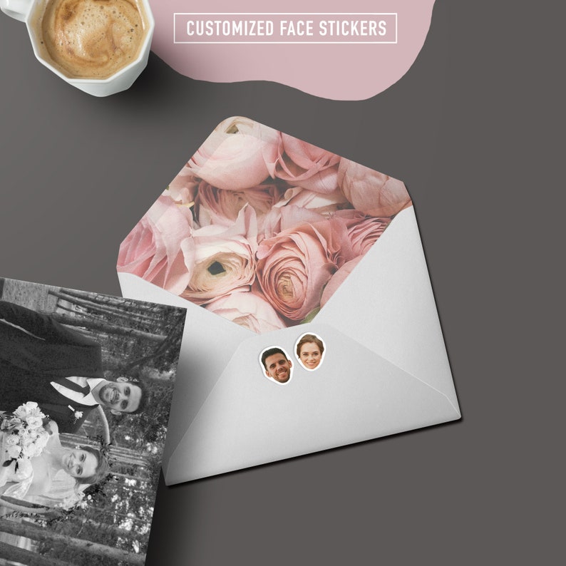 May include: A white envelope with a floral design on the flap. Two small face stickers are attached to the envelope, one of a man and one of a woman. The text "CUSTOMIZED FACE STICKERS" is printed on the envelope.
