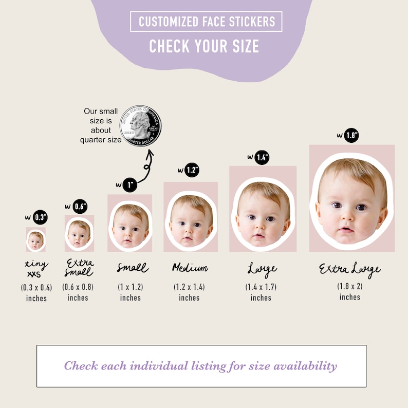 May include: A chart showing different sizes of custom face stickers. The sizes are: Tiny (0.3 x 0.4 inches), Extra Small (0.6 x 0.8 inches), Small (1 x 1.2 inches), Medium (1.2 x 1.4 inches), Large (1.4 x 1.7 inches), and Extra Large (1.8 x 2 inches). The chart also includes a US quarter for size reference.
