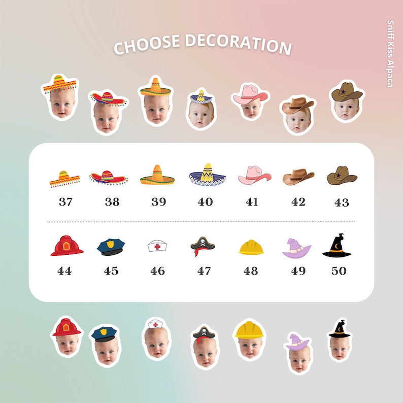 Sombrero hats, cowboy hats, Fireman's helmet, police's hat, nurse's hat, pirate's hat, construction hat, witch's hat