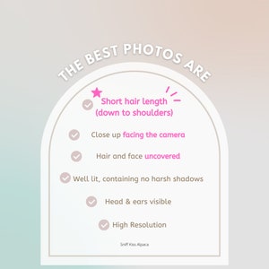 The best photos are short hair length, close up facing the camera, hair and face uncovered, well lit, containing no harsh shadows, head and ears are visible, high resolution.