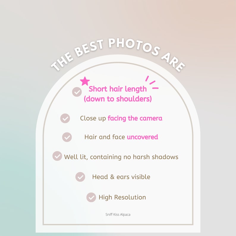 The best photos are short hair length, close up facing the camera, hair and face uncovered, well lit, containing no harsh shadows, head and ears are visible, high resolution.