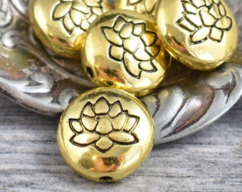 Metal Beads - Lotus Flower Beads - Gold Beads - Antique Gold - Meditation Beads - Mala Beads - 14mm - 6pcs (2167)