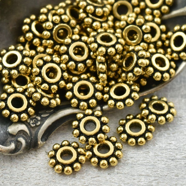 Metal Beads - Daisy Spacers - Gold Daisy Spacers - Heishi Beads - Gold Spacer Beads - Antique Gold Spacers - 7mm