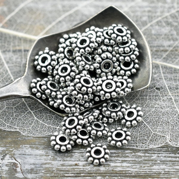 Metal Beads - Daisy Spacers - Silver Daisy Spacers - Heishi Beads - Silver Spacer Beads - Antique Silver Spacers - 6.5mm