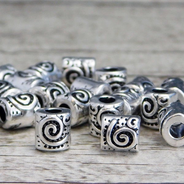 Antique Silver Beads - Metal Beads - Large Hole Beads - Barrel Beads - Silver Spacer Beads - Spiral Beads - 7x6mm - 50pcs - (1727)