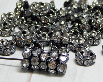 Rhinestone Rondelles - Rhinestone Spacers - Gunmetal Spacer Beads - Rhinestone Beads - Crystal Spacers - Choose Your Own Size