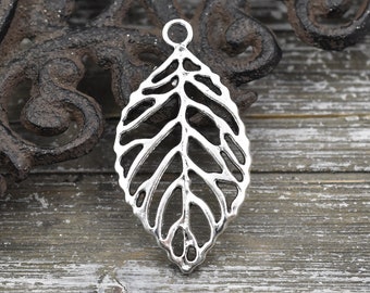 Leaf Pendant - Silver Pendants - Metal Charms - Metal Pendant - Filigree Pendant - 51x27mm - 2pcs - (3093)