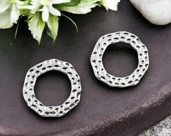 Ring Pendant - Hammered Pendant - Silver Connector - Metal Pendant - Boho Pendant - 2pcs - 38mm - (4585)