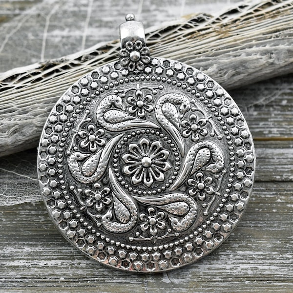 Bohemian Pendant - Medallion Pendant - Silver Pendants - Large Pendants - Boho Pendants - Round Pendant - (1547)