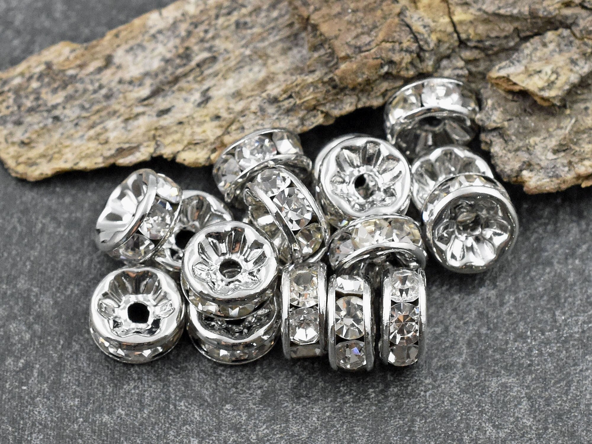 Silver Plated and Clear Crystal Rhinestone Wavy Rondelle Spacer Beads, 4mm,  20pcs.