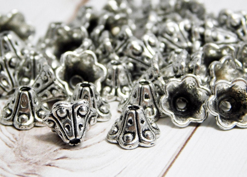 Bead Caps - Cone Bead Cap - End Caps - Silver Bead Caps - Tassel Caps…