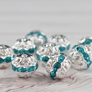 Rhinestone Beads - Rhinestone Spacers - Rhinestone Round - Filigree Beads - Aquamarine - Choose Your Size
