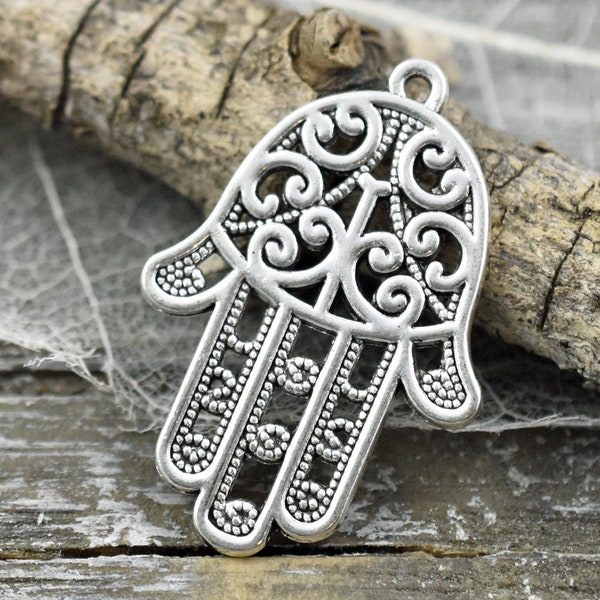 Hamsa Pendant - Hamsa Hand Pendant - Silver Pendant  - Hand of Fatima - 2pcs - 35x24mm - (B857)