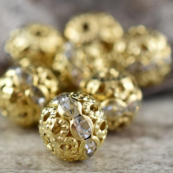 Rhinestone Beads - Filigree Beads - Gold Beads - Rhinestone Spacers - Rhinestone Round - Gold Filigree - Gold Rhinestone - Choose Your Size