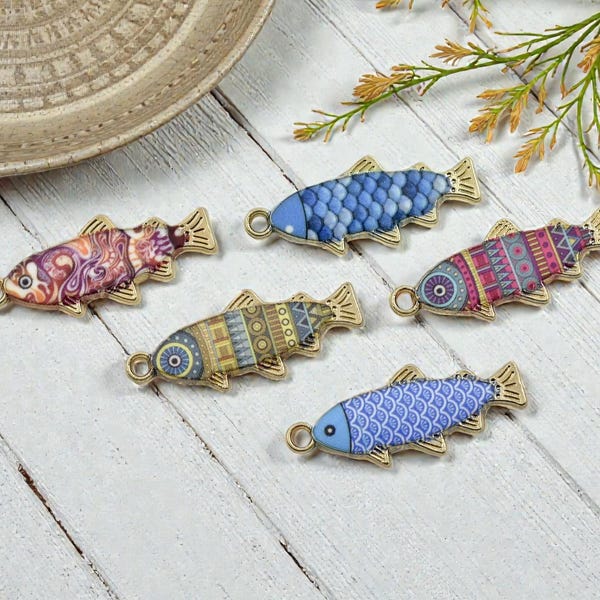 Dijes de pez - Dijes de oro - Dijes de metal - Dijes de esmalte - 10 piezas - 27 x 11 mm - 10 piezas