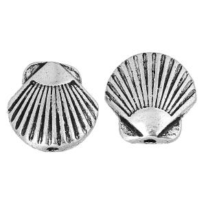 May include: Two silver-colored seashell beads. Each bead is shaped like a scallop shell, with detailed ridges radiating from the center. The beads have a small hole for stringing. Ideal for jewelry making or craft projects.