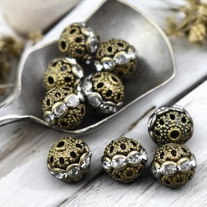 Rhinestone Beads - Filigree Beads - Round Rhinestone Bead - Bronze Spacers - Rhinestone Spacers - Rhinestone Round - choose your size