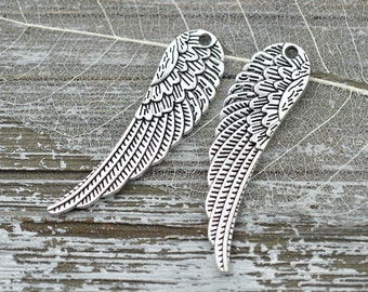 Angel Wing Pendant - Angel Wing Charms - Silver Angel Wings - Silver Pendants - Large Pendants - Boho Pendants - 52x14mm - 4pcs - (B593)