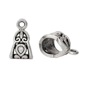 May include: Two silver-toned metal bead caps with an ornate design. One cap is a bell shape with a loop at the top. The other cap is a tube shape with a loop on the side.