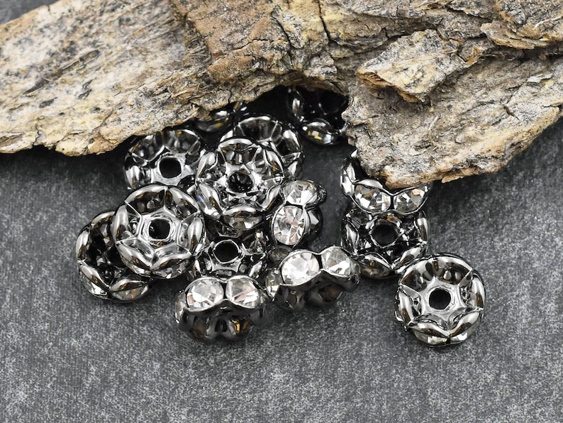 Rhinestone Rondelles Rhinestone Spacers Gunmetal Spacer Beads Rhinestone Beads Crystal Spacers Choose Your Own Size image 3