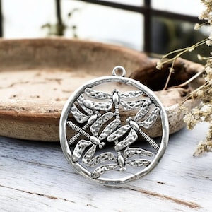 Dragonfly Pendant - Bohemian Pendant - Medallion Pendant - Silver Pendants - Large Pendants - Metal Pendant - 70x64mm - (B96)