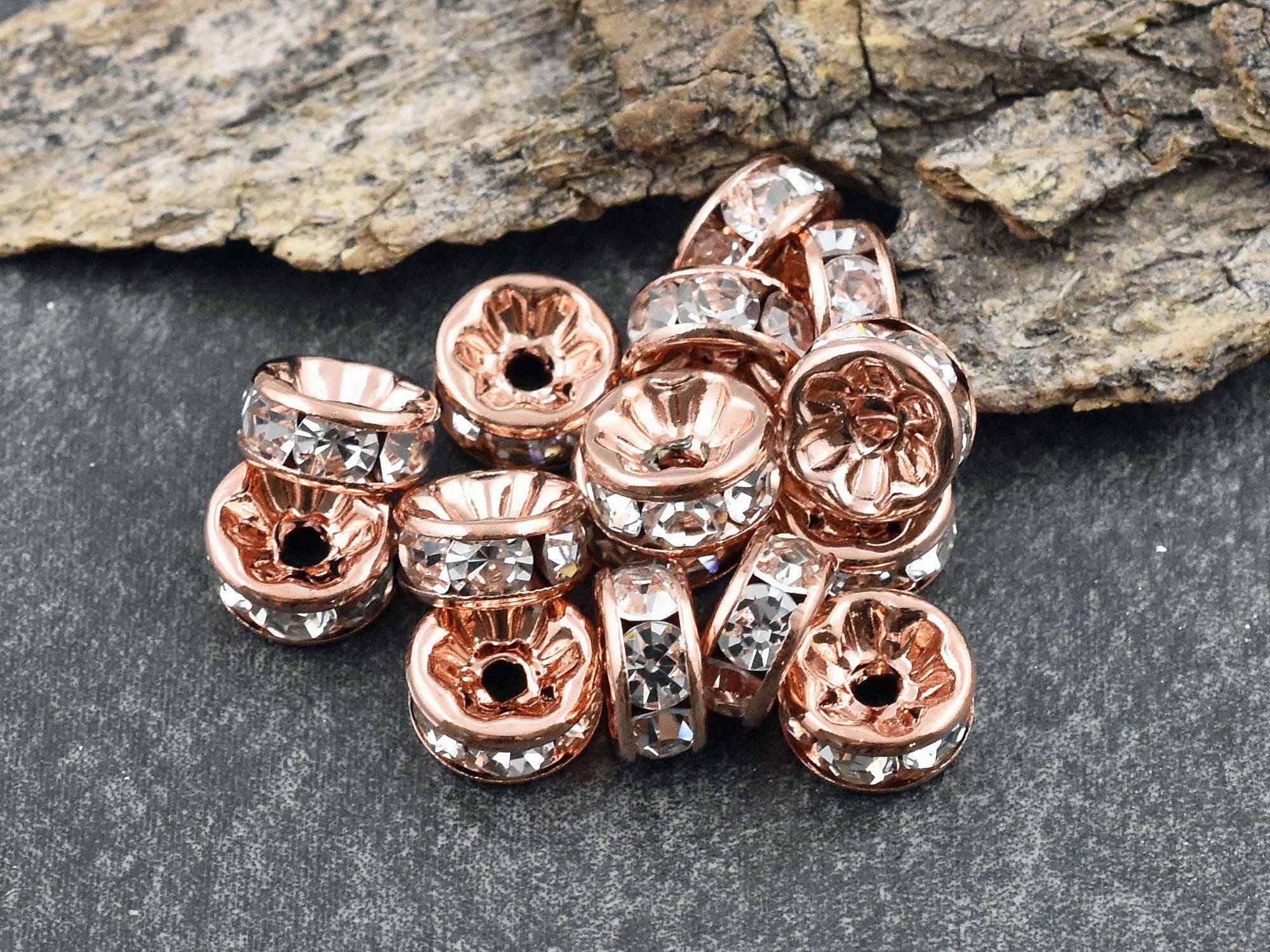 20 Pcs Rose Gold Clear Rhinestone Rondelle Spacer Beads 6mm X 3mm Grade AAA  Hole Size: 1mm Straight Edge 