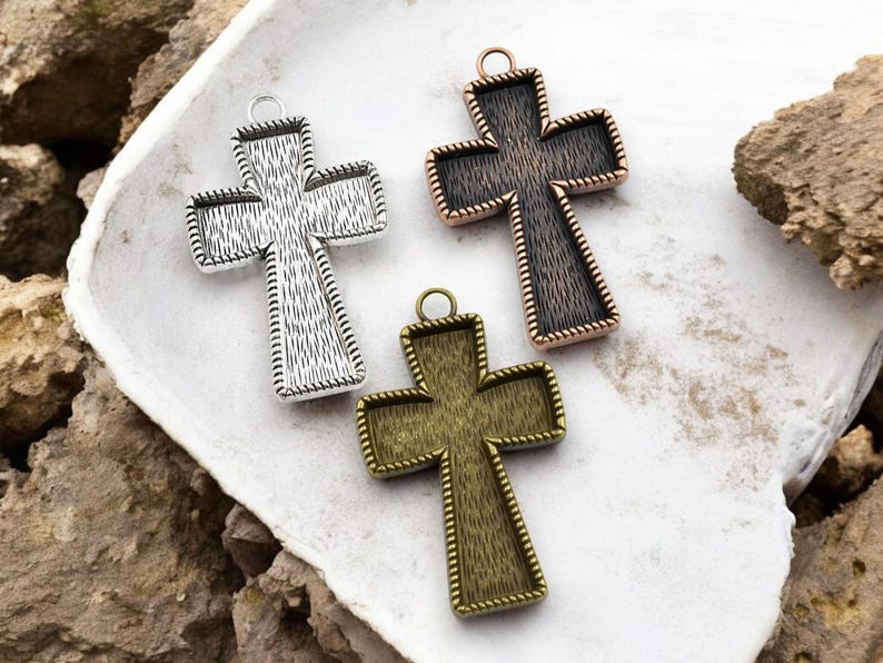 Metal Pendant - Cross Pendant - DIY Resin Jewelry - Open Bezel Pendant - 70x43mm - 2pcs image 1