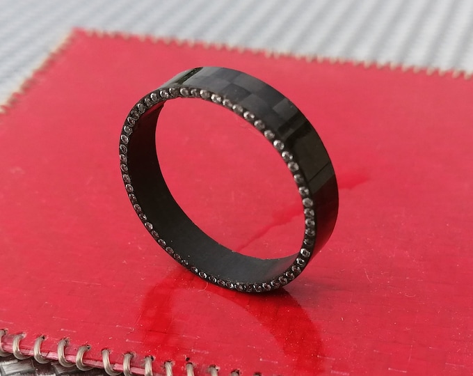 Pure Carbon Fiber Ring with Full Stone Setting Bands on CZ Diamonds Zirconiums Sizes Customisation