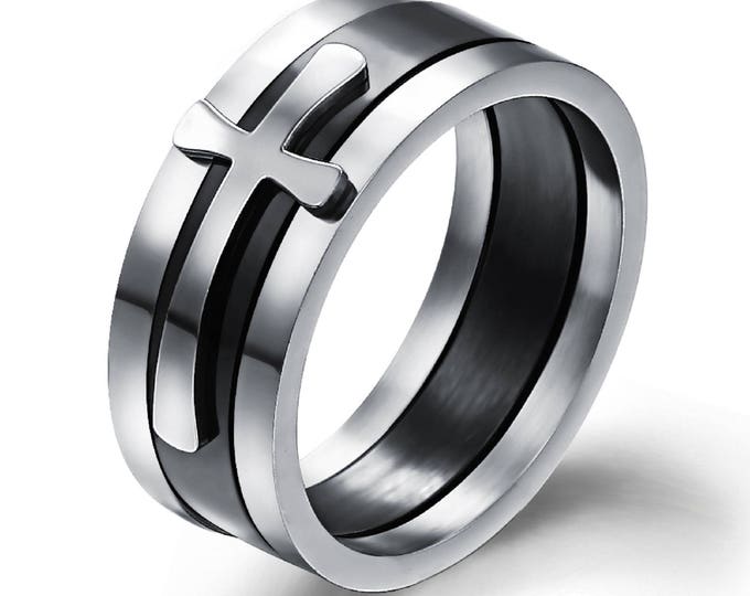 Classic Titanium Steel Smooth Cross Three in One Circle Combination Silver-Black Color Fashion Jewelry Stainless Steel Ring