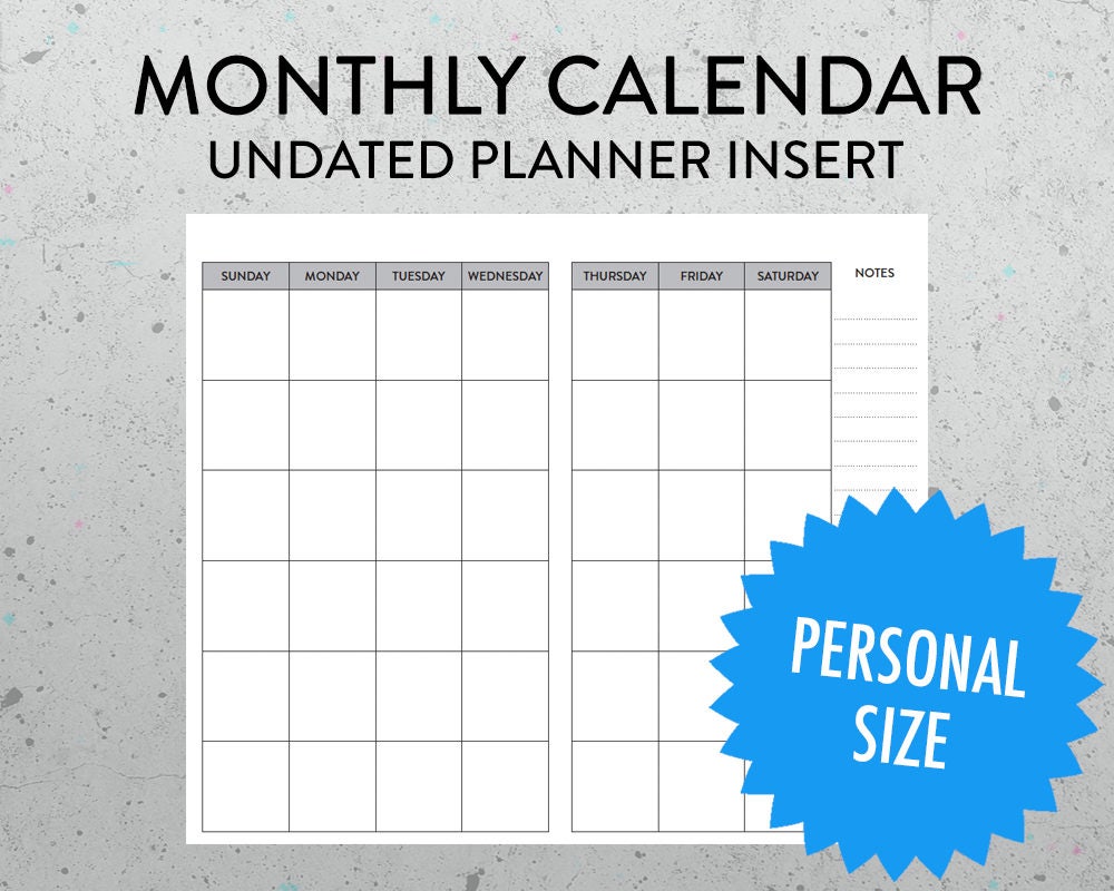 undated monthly calendar printable insert personal size tn etsy