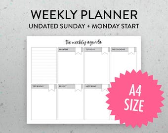 A4 Undated Weekly Planner Printable Page, PDF, Sunday Monday Start, Weekly Schedule, Weekly Agenda,