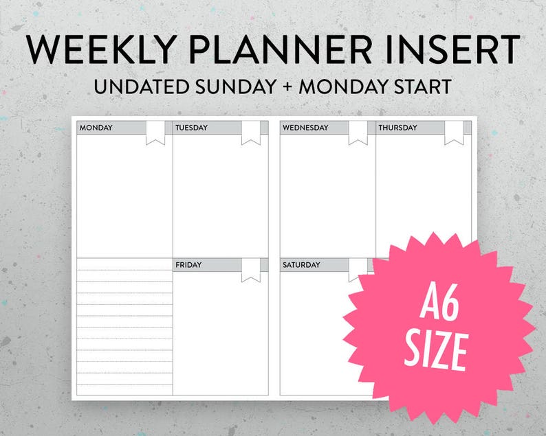 a6 undated weekly planner printable insert pdf sunday