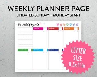 Undated Weekly Planner Printable Page, PDF, Sunday Monday Start, Weekly Schedule, Weekly Agenda,